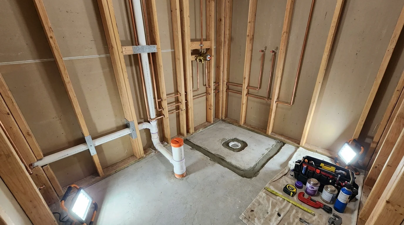 Bathroom rough-in plumbing during remodel by Johns Plumbing LLC in White Salmon