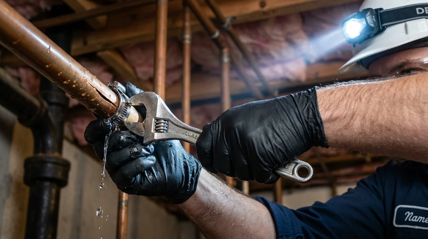 Emergency pipe clamp repair being performed by a Johns Plumbing LLC plumber in White Salmon
