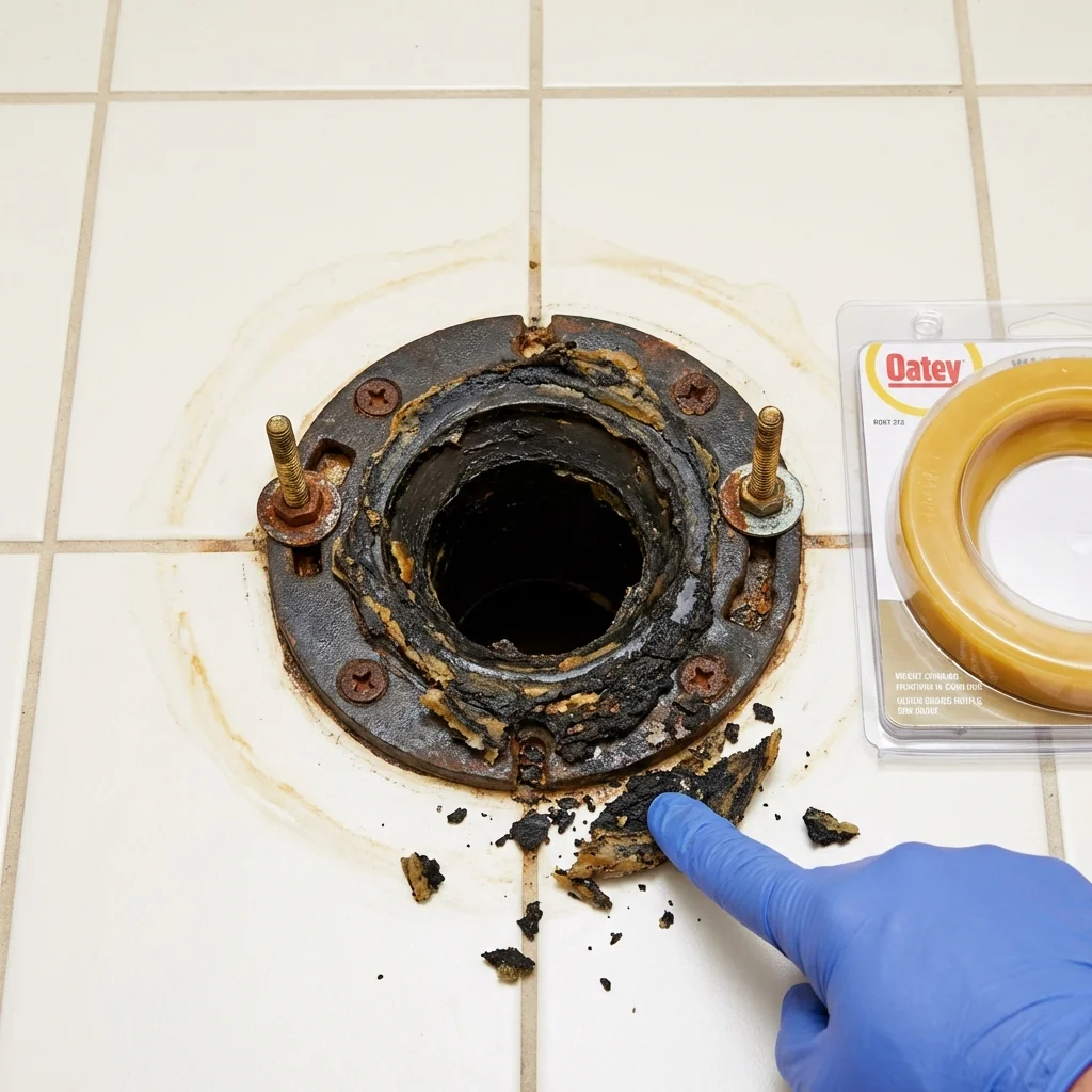 Failed wax ring showing water seepage at the base of a toilet in a White Salmon, WA home