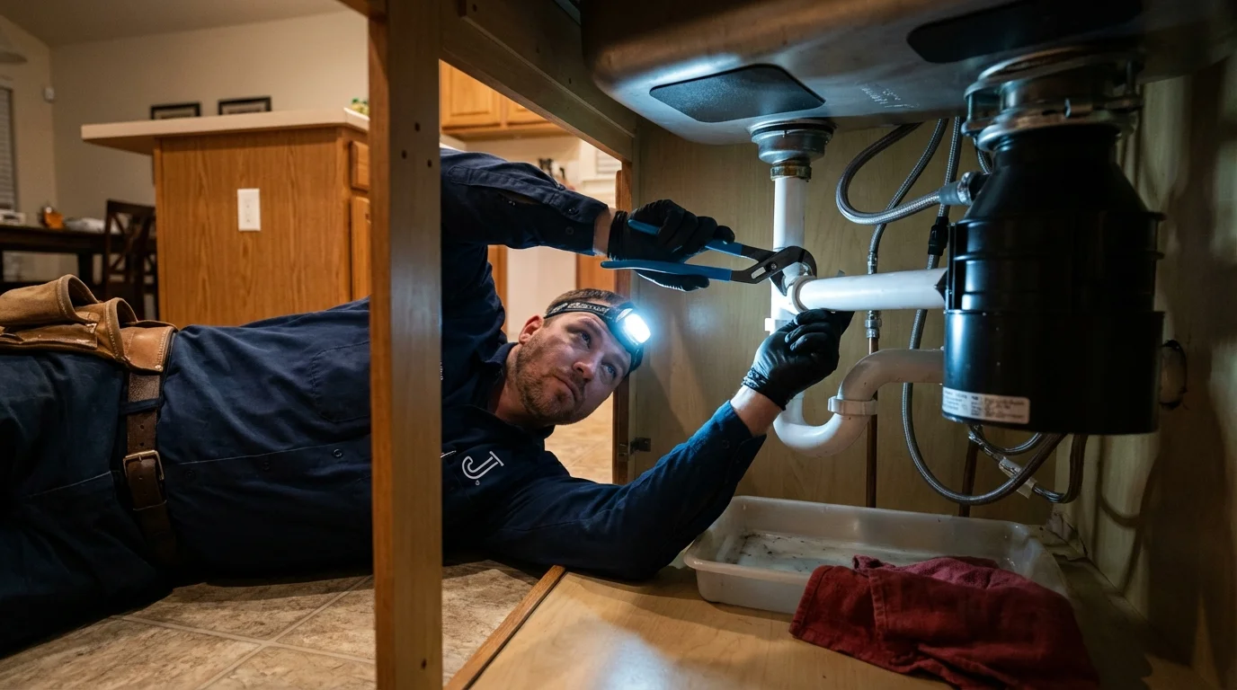 P-trap and supply line connections under a kitchen sink showing a common leak point in White Salmon, WA